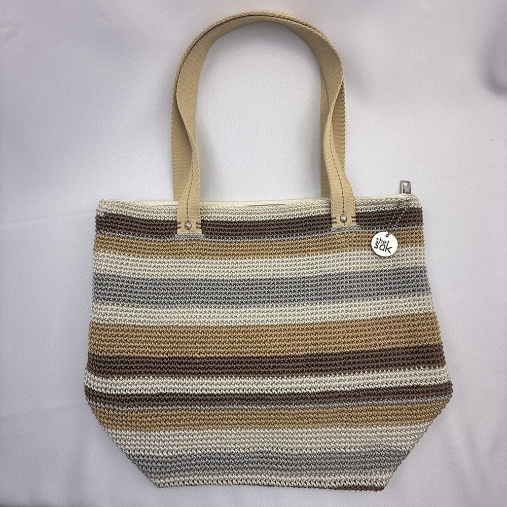The Sak Mendocino Tote XLarge Sand Stripe Crochet Double Strap Zip Top Vegan NEW